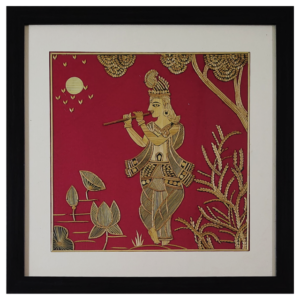 Lord Krishna Playing flute Red BG (14"W,14"H)