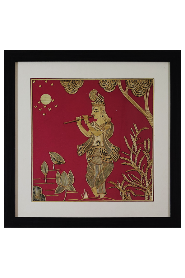 Lord Krishna Playing flute Red BG (14"W,14"H)