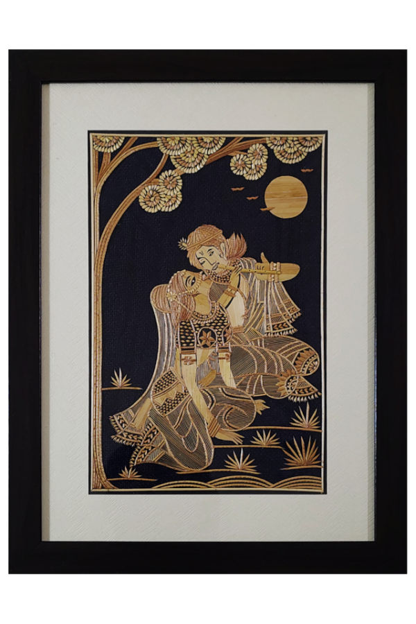 Radha and Krishna sitting in Sikki Grass Art (8"W, 12"H)
